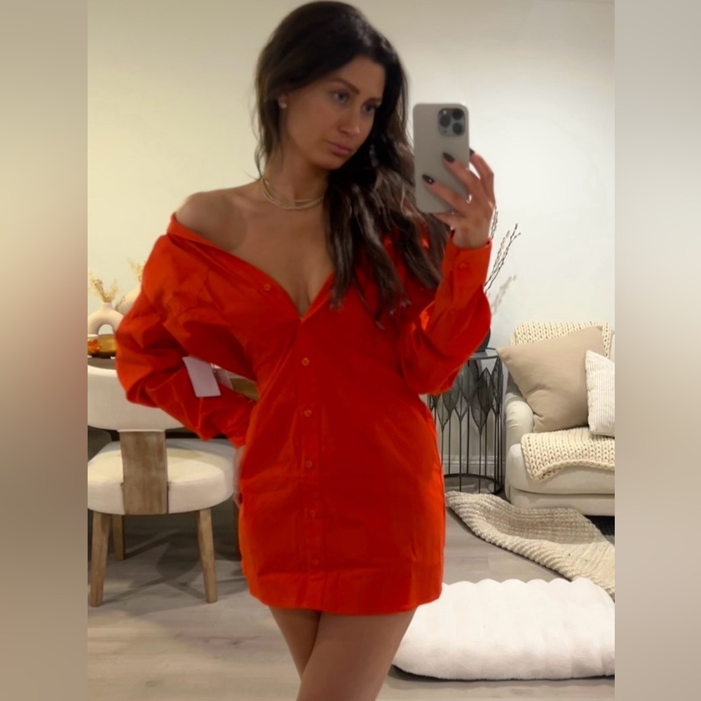 Good American Longe Sleeve Bright Orange / Reddish Mini Dress NWT